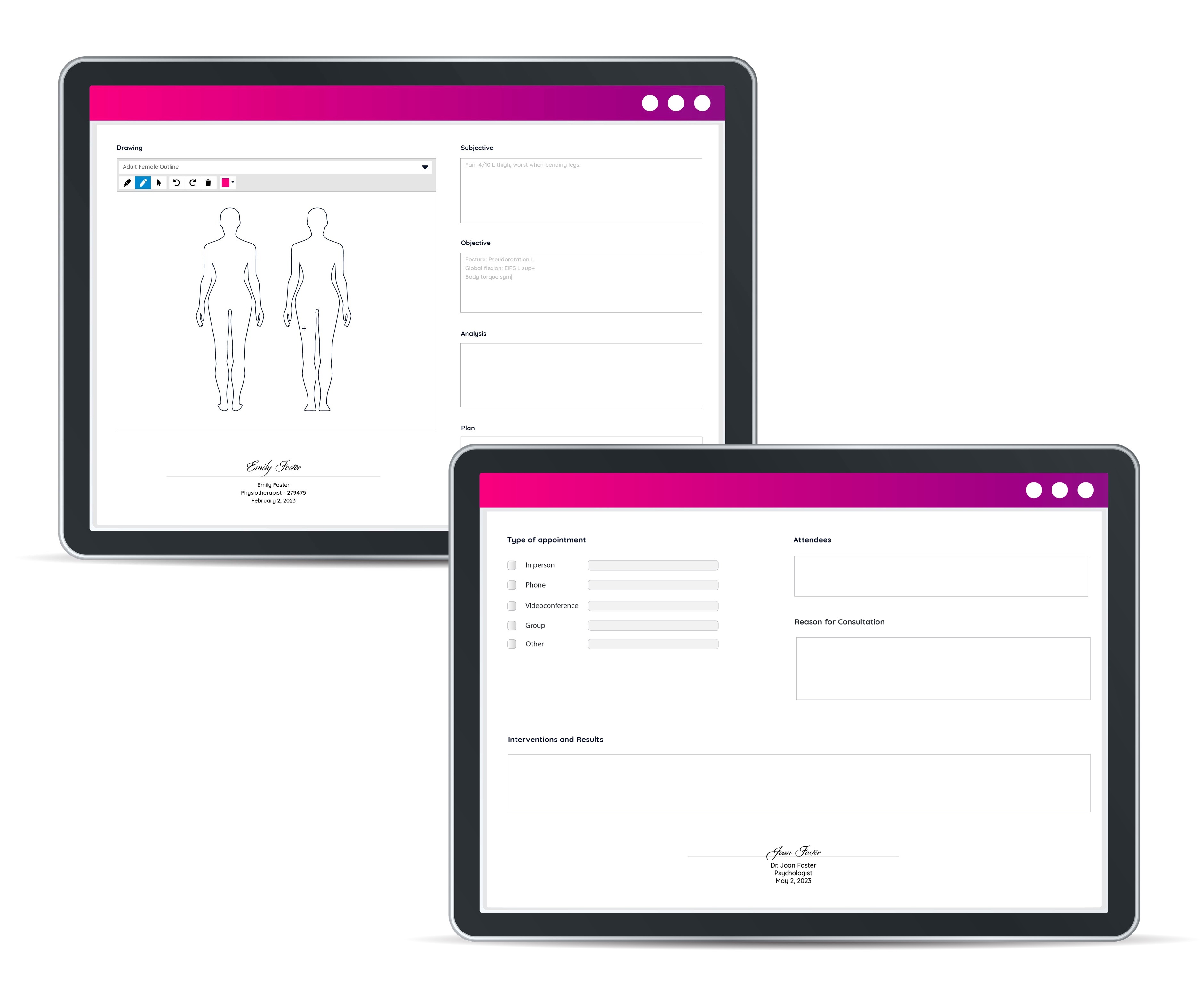 Different parts of a patient's GOrendezvous file on two ipads