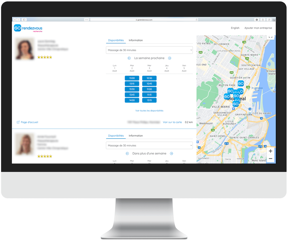 Le marché GOrendezvous, qui affiche une barre de recherche, les résultats et une carte affichant l'emplacement des différents professionnels