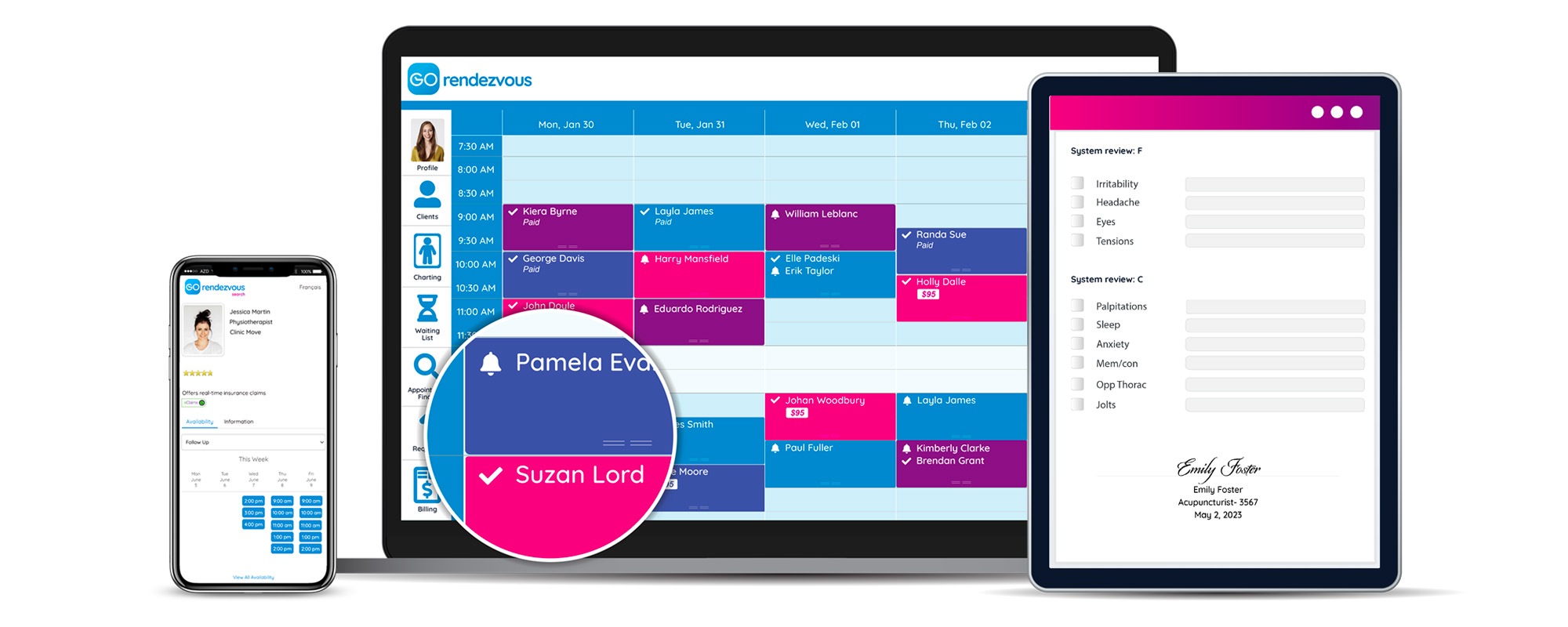 A view of an acupuncturist's GOrendezvous schedule on different devices