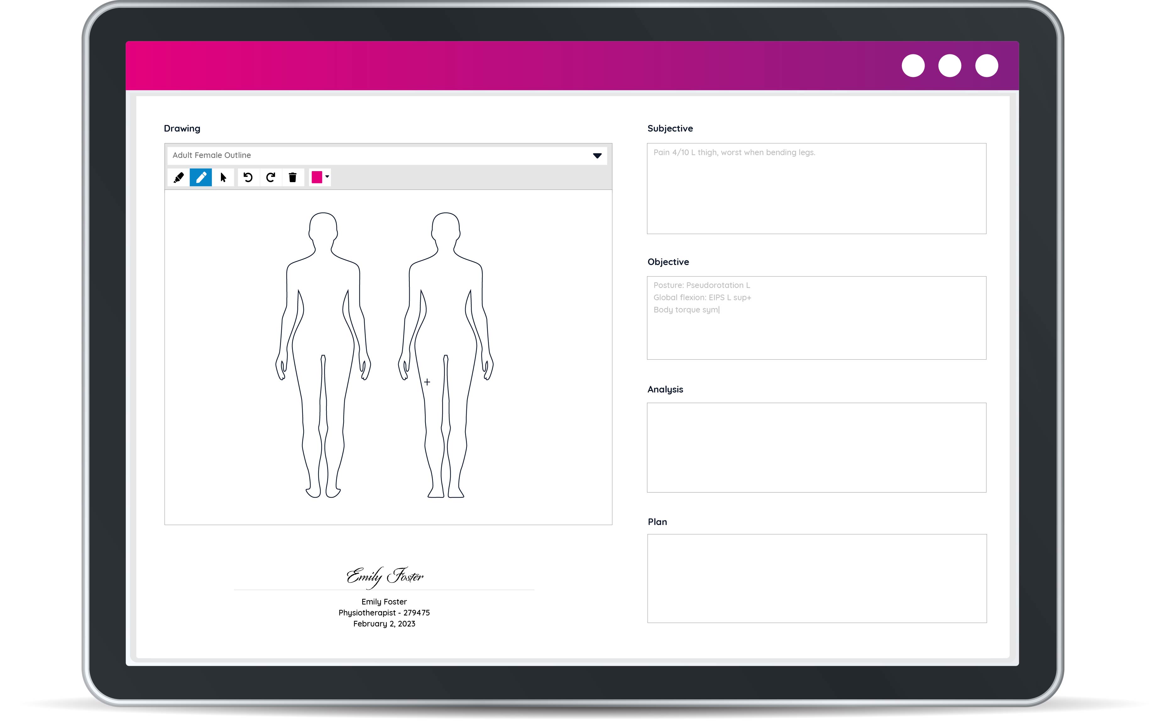 The empty SOAP charting file of a physiotherapist using GOrendezvous on an ipad