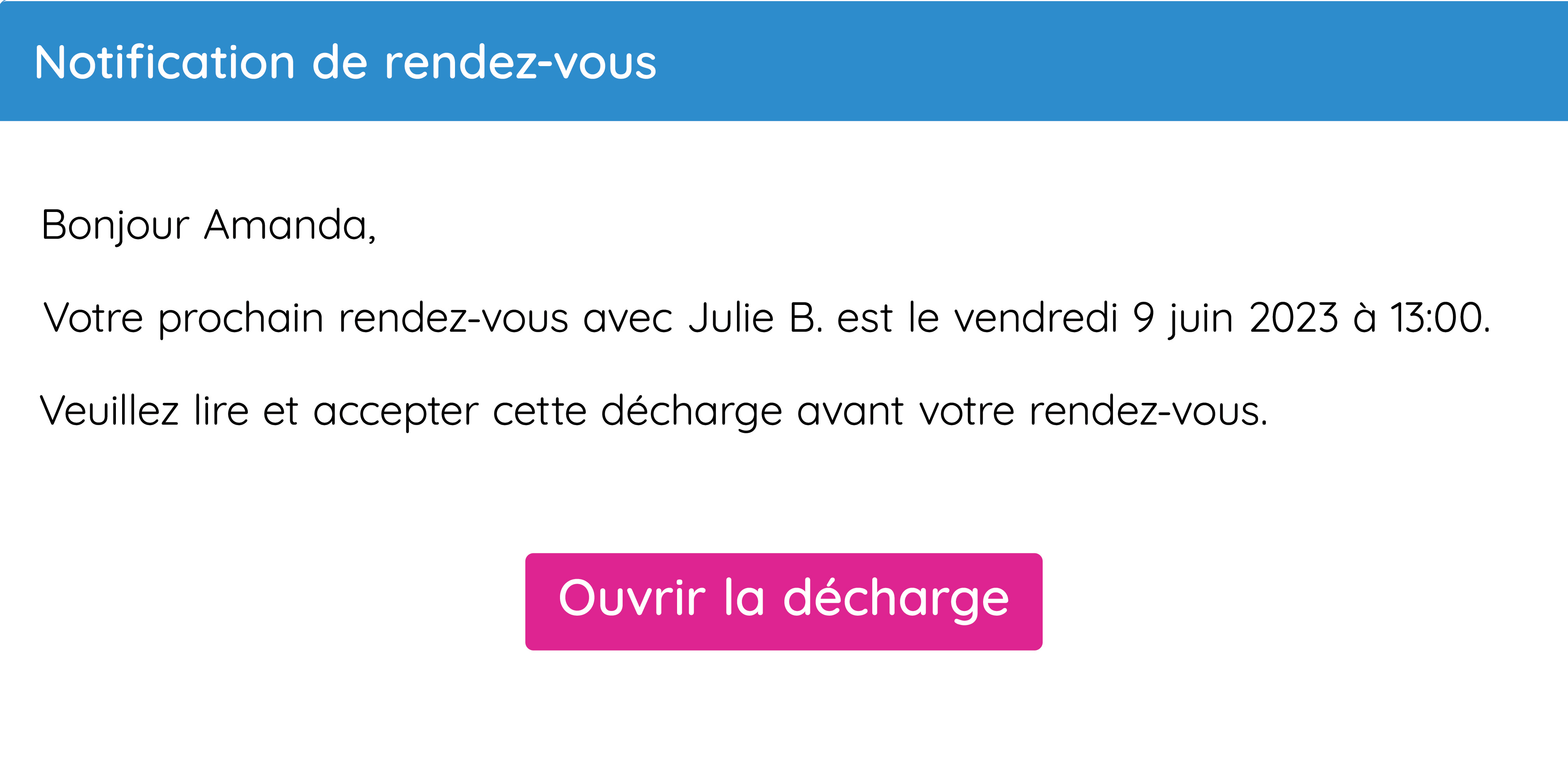 La décharge de l'acupuncteur incluse dans l'email de notification GOrendezvous